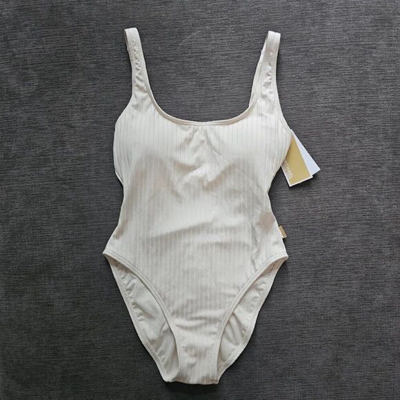 Michael Kors Women's bone Ribbed Square Tank One Piece Swimwear Swimsuit Size 8 - Picture 1 of 14